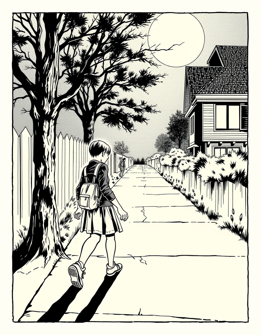 Comic Art idea created from the prompt: comic art, bold ink lines, halftone shading, dynamic composition, A boy was walking home alone when a girl suddenly stopped him. She whisper