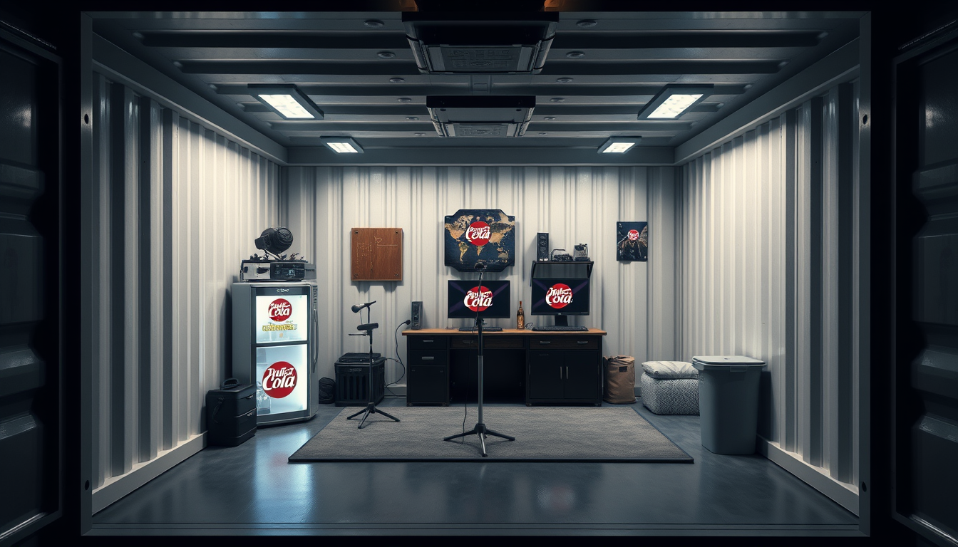 Room Design idea: AI room design, full room layout furniture and lighting, photorealistic interior render, inside of a cargo container designed for a solo military of t