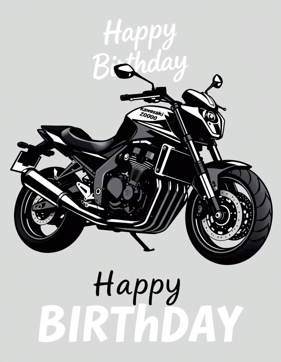 Birthday Cards idea: birthday card design, cheerful festive artwork, space for greeting, Kawasaki z1000 Bj 2014, grafisches Design in schwarz weiß. Motorrad in schwarz , p