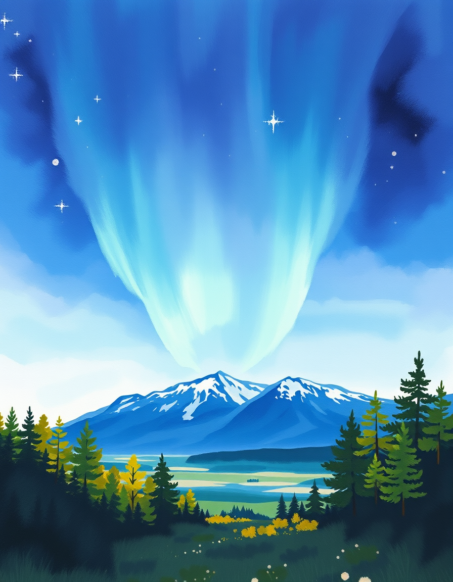 Landscape idea created from the prompt: painted landscape, atmospheric perspective, hand-brushed sky and foliage, gallery composition, draw me a natural landscape of iceland and au