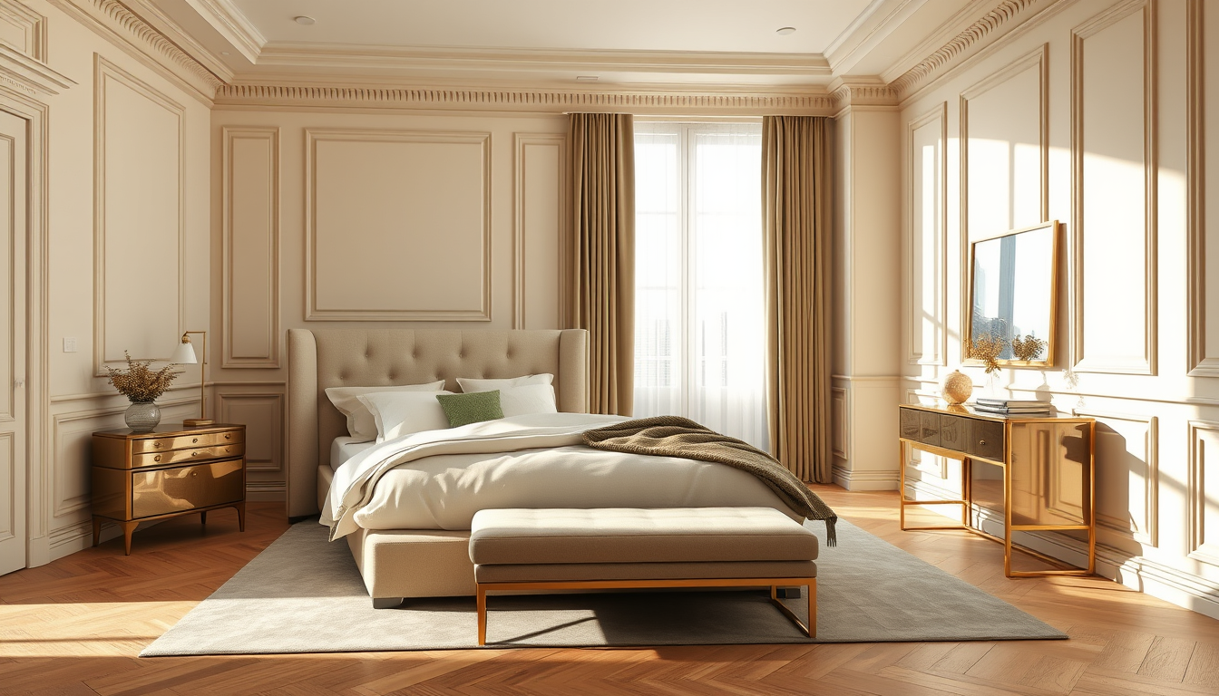 Main painting studio: Photorealistic luxury modern neoclassical bedroom interior, warm beige and ivory color palette, elegant wall moldings, upholstered king-size bed, subt