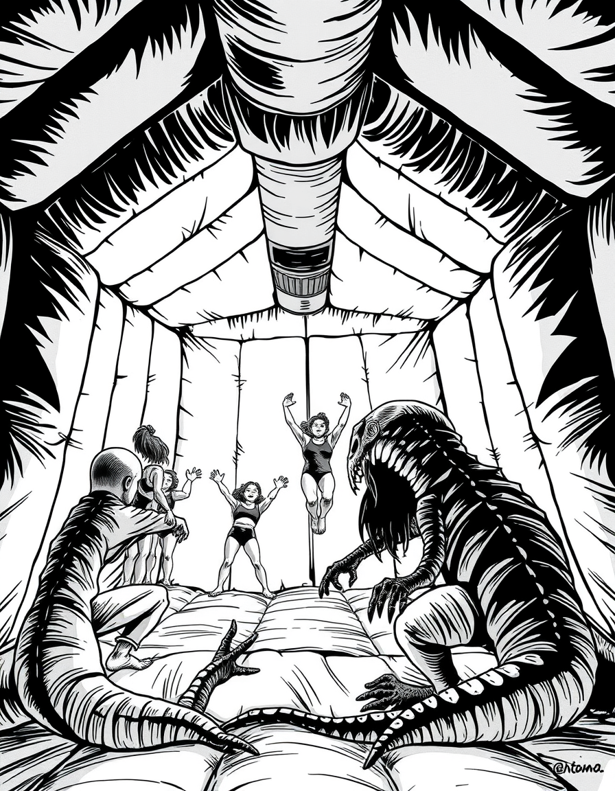 Comic Art idea: comic art, bold ink lines, halftone shading, dynamic composition, Create me a serniro where there are gymnasts trapped in an inflatable house with a r