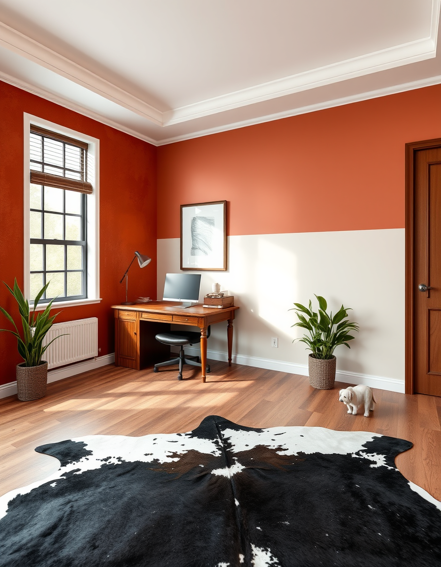 Paint Color idea: room repainted in a new wall color from the photo, accurate paint finish, photorealistic interior render, office setting one wall rust behind the wood