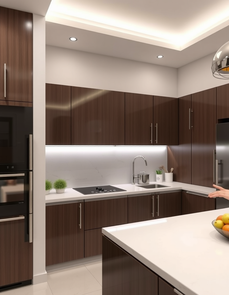 Kitchen Design idea: AI kitchen design, modern cabinetry countertops and lighting, photorealistic interior render, مطبخ بطراز ريفي (فارم هاوس) يتميز بأرفف مفتوحة، وحوض غسي