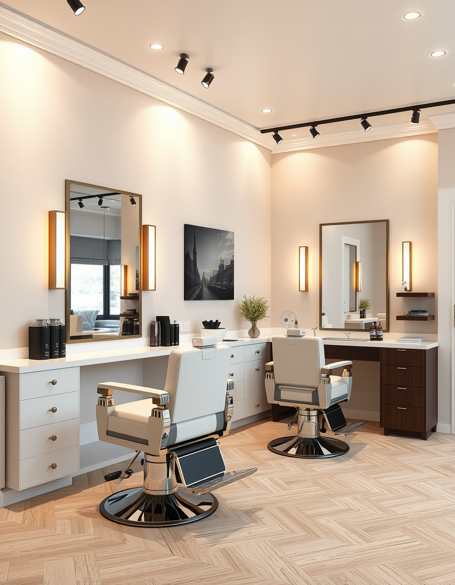 Interior Design idea: AI interior design, cohesive furniture layout decor and lighting, photorealistic interior render, Design a modern men’s barbershop interior. The walls