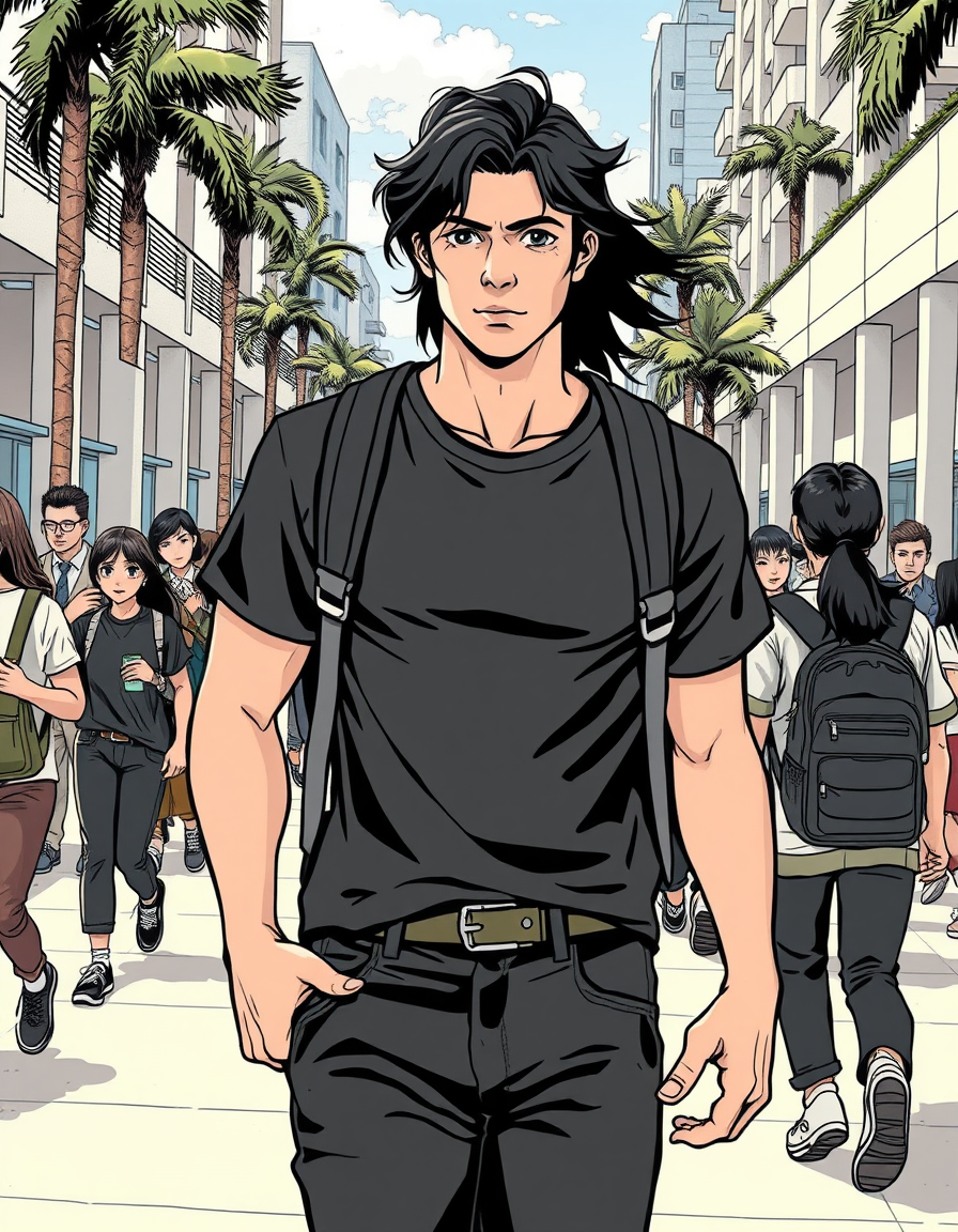 Comic Art idea: comic art, bold ink lines, halftone shading, dynamic composition, Cinematic anime manga style. Cláudio Sánchez, 18-year-old Brazilian university stude