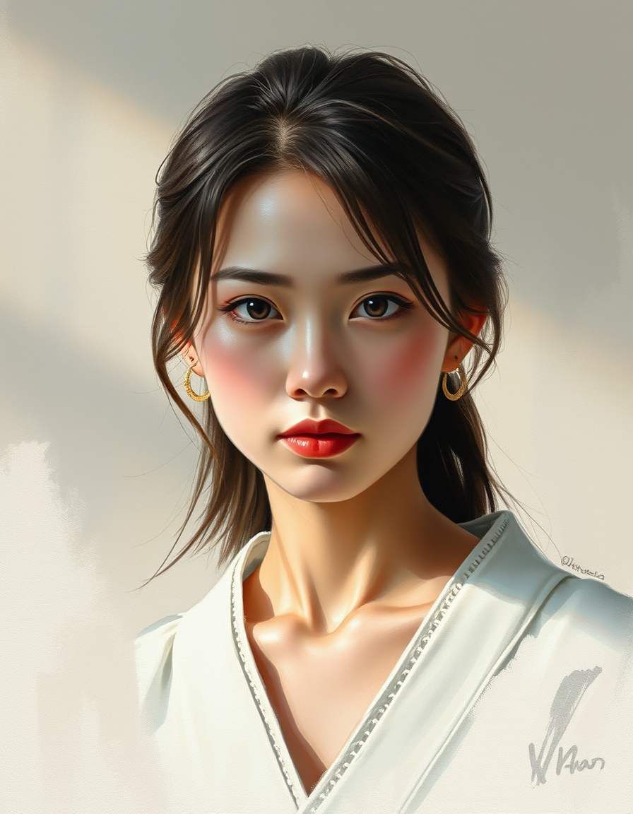 Portrait Into Paintings idea: painted portrait from photo, preserve face identity, flattering painterly lighting, japanese art abstract , fine art portrait, soft brushwork, natural