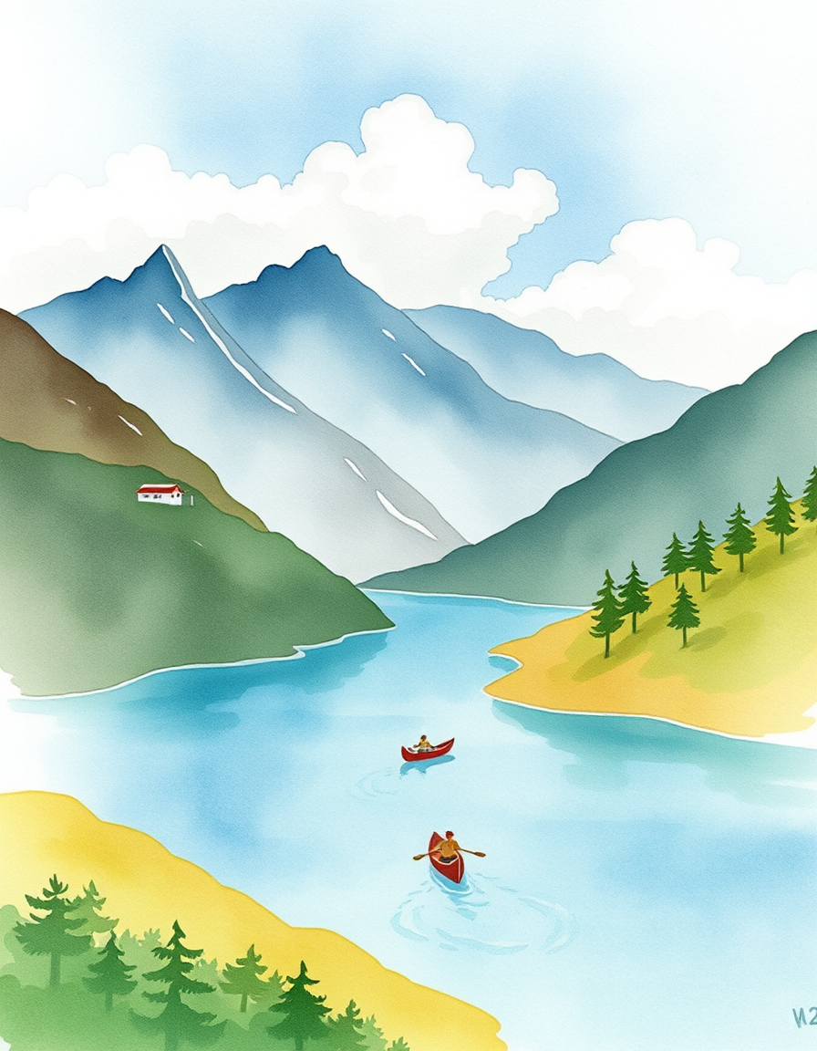 Picture Into Watercolor idea created from the prompt: turn picture into watercolor, transparent washes, paper texture, soft pigment edges, A mountain range with a river going through it a small 