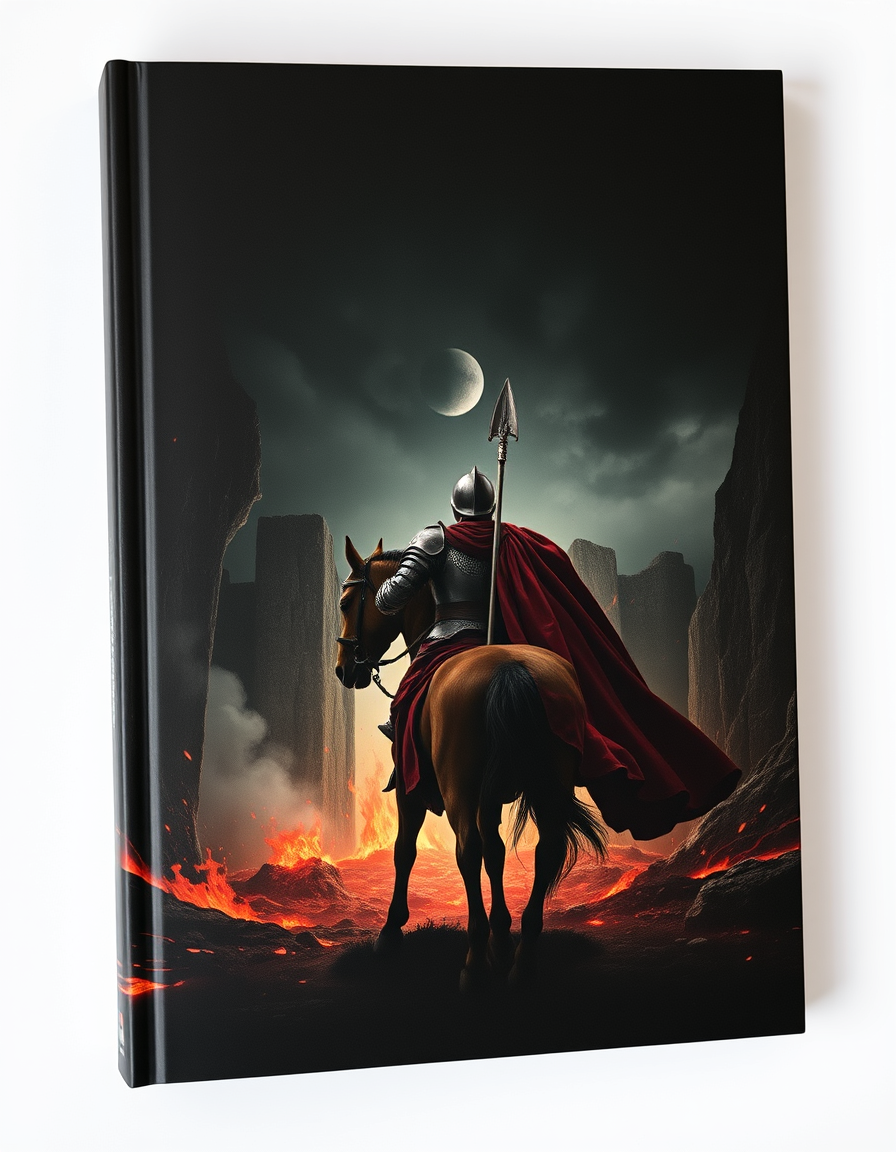 Book Covers idea: book cover composition, vertical 2:3 format, title-ready negative space at top, evocative subject, cavaliere in armatura senza cavallo di spalle davan