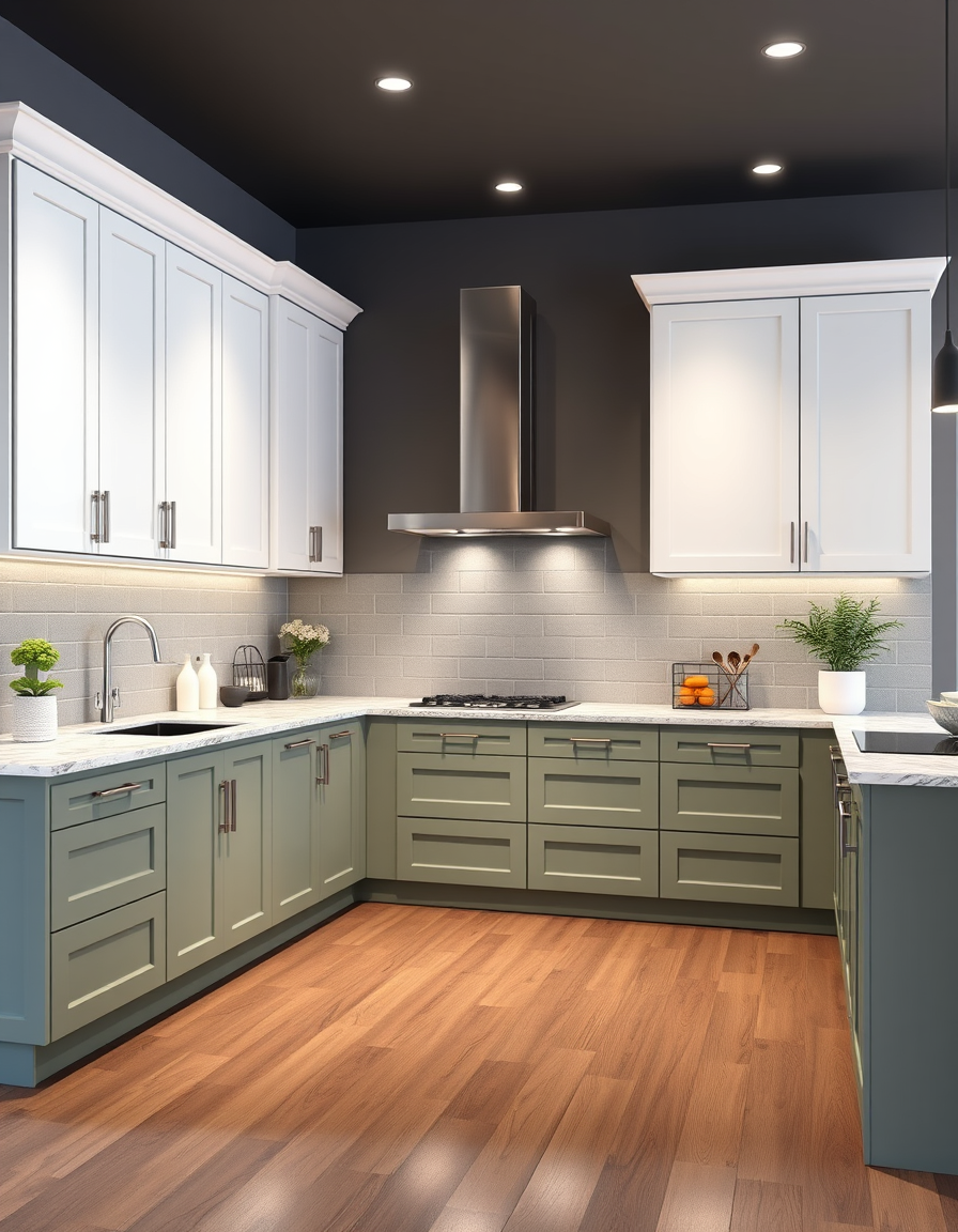 Kitchen Design idea: AI kitchen design, modern cabinetry countertops and lighting, photorealistic interior render, a two-tone kitchen with sage green lower cabinets, white