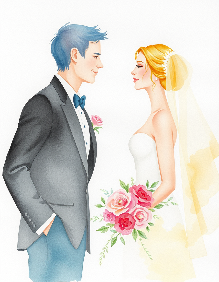 Picture Into Watercolor idea: turn picture into watercolor, transparent washes, paper texture, soft pigment edges, Create a simple wedding-themed watercolour illustration outlines