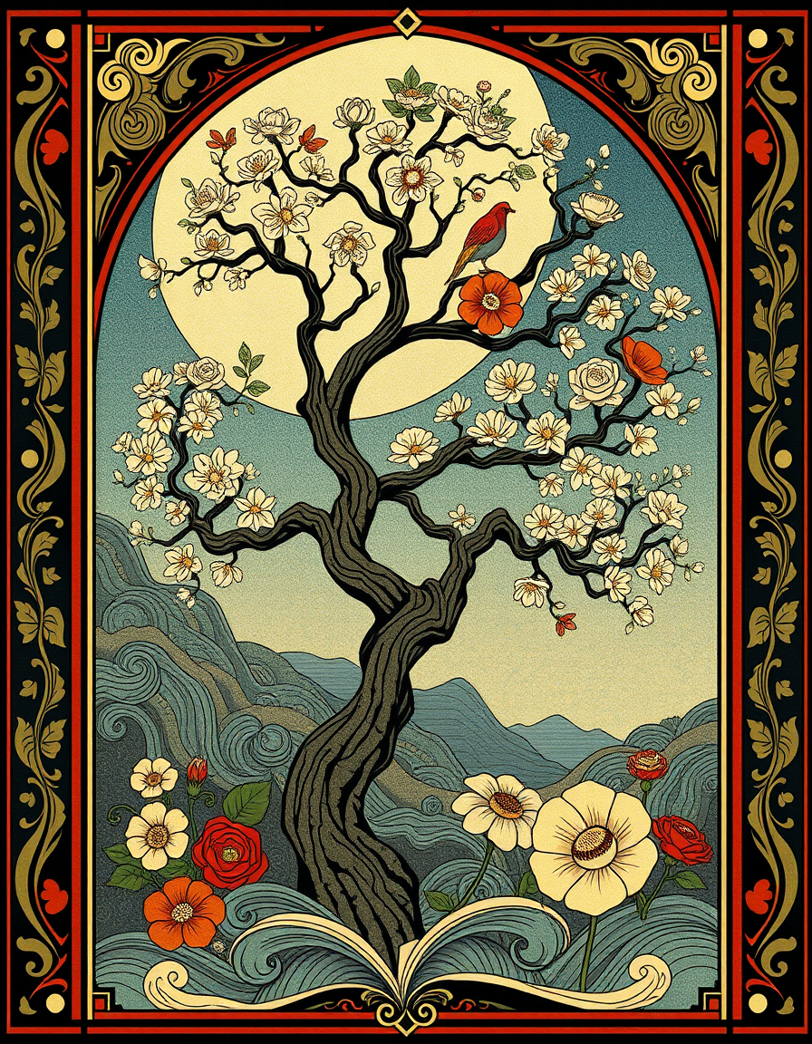 Art Nouveau idea: art nouveau illustration, flowing organic lines, decorative panel borders, ornamental floral motifs, japanese tree , inspired by Alphonse Mucha, art n