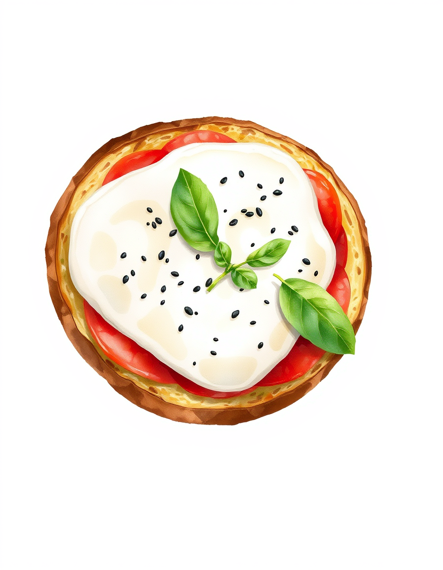 Main painting studio: een Bruschetta met burrata om de volgende manier zien: 🎨 duidelijk geschilderd/handgetekend, niet fotorealistisch * 🖌️ zichtbare losse watercolor-kw
