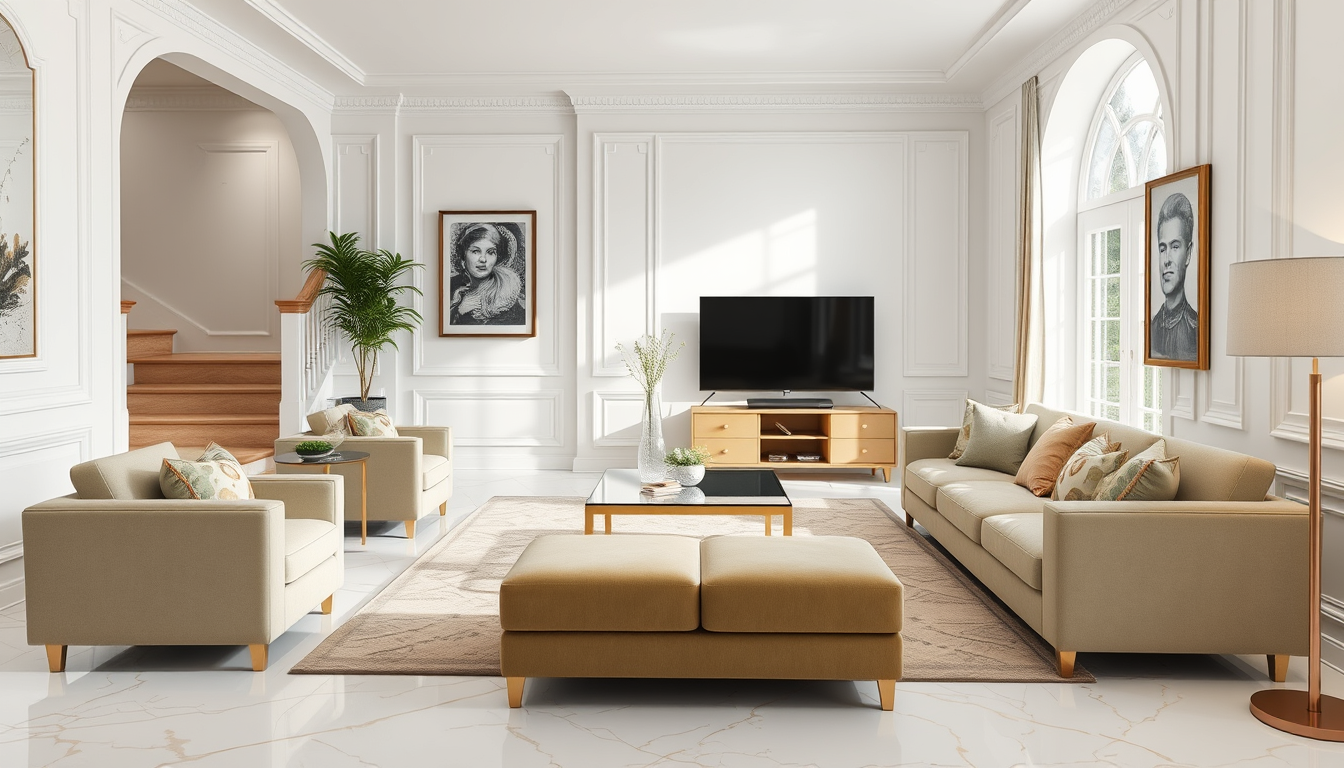Main painting studio: design a room for me off white walls 18x20 fit size white floor with gold marble lines a staircase going op sticked to left side wall off wood a glass