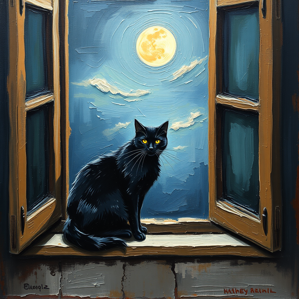 Oil Paintings idea: oil painting style, rich textures, brushstrokes, impasto technique, a black cat on a windowsill, full moon outside , classical oil painting, museum qu
