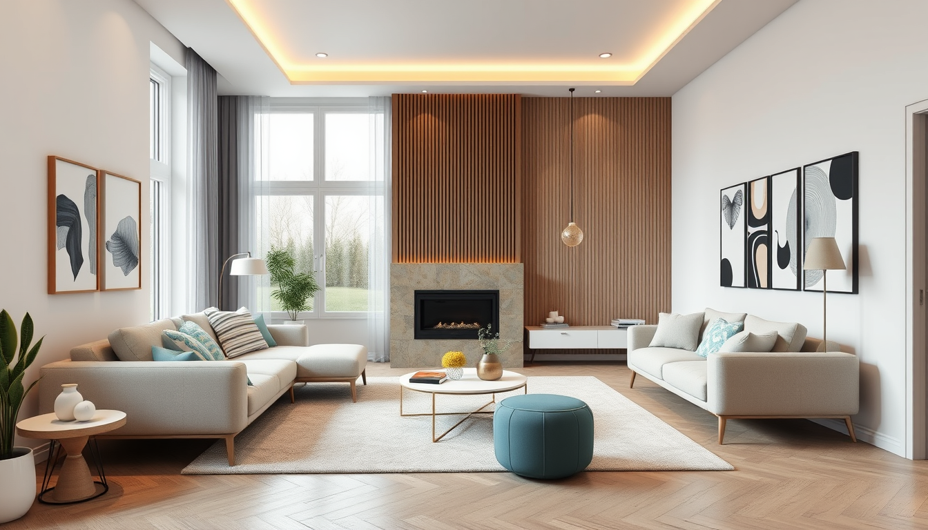 Room Design idea: AI room design, full room layout furniture and lighting, photorealistic interior render, dachschrägen, wohnzimmer 10 quadratmeter modern , room design