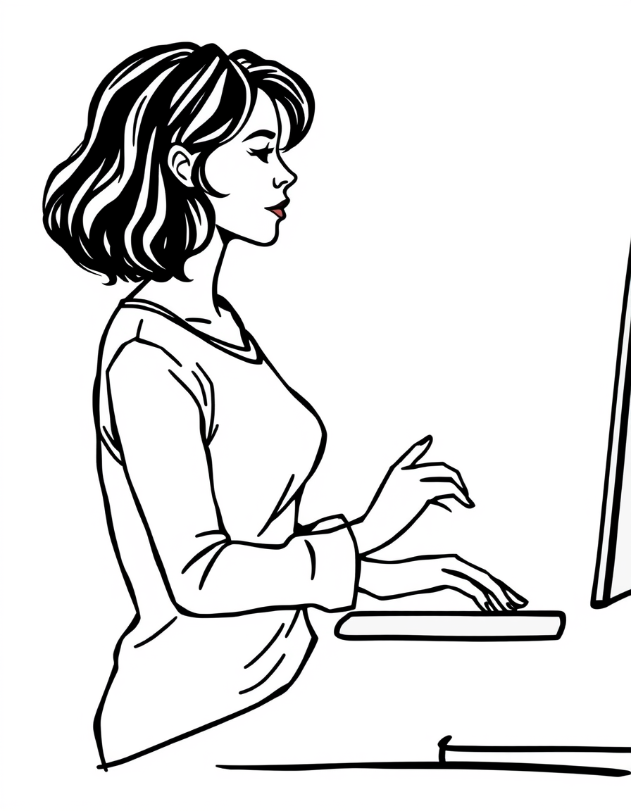 Photo To Outline idea: photo to outline drawing, clean contour lines, minimal shading, preserve subject silhouette, black woman startled at computer , simple black line art,