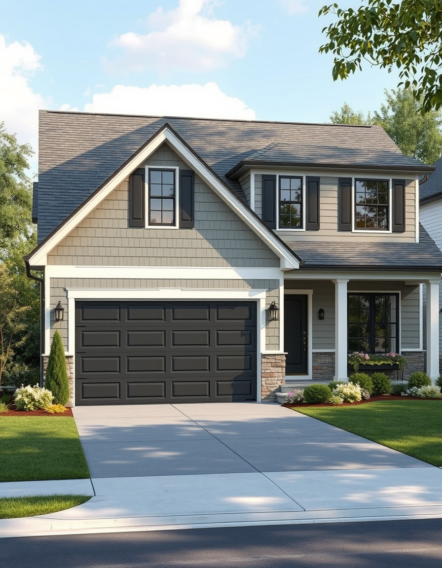 AI House Exterior Design idea created from the prompt: AI house exterior design, facade materials roofline and landscaping, photorealistic render, keep my current garage door, make the siding on