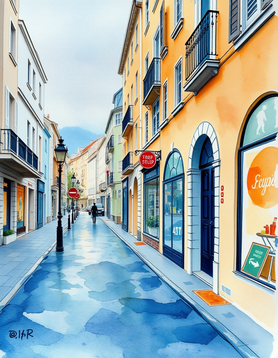 Picture Into Watercolor idea: turn picture into watercolor, transparent washes, paper texture, soft pigment edges, Une photo de rue en ville transformée en aquarelle, reflets de pl