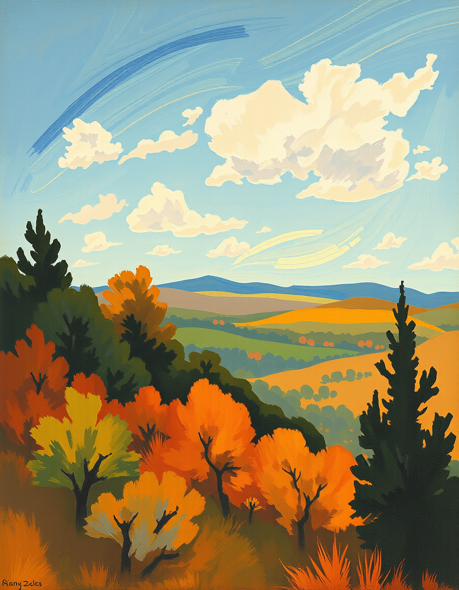Landscape idea: painted landscape, atmospheric perspective, hand-brushed sky and foliage, gallery composition, a woman from the 1930s painted in abstract art , painte