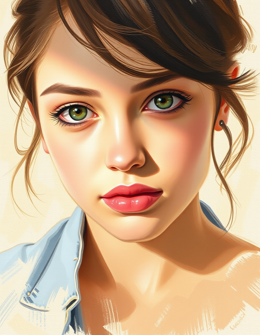 Main painting studio: painted portrait from a photo, soft brushwork, warm light i want my eyes to pop outtt make it asethetic like pinterest worthy