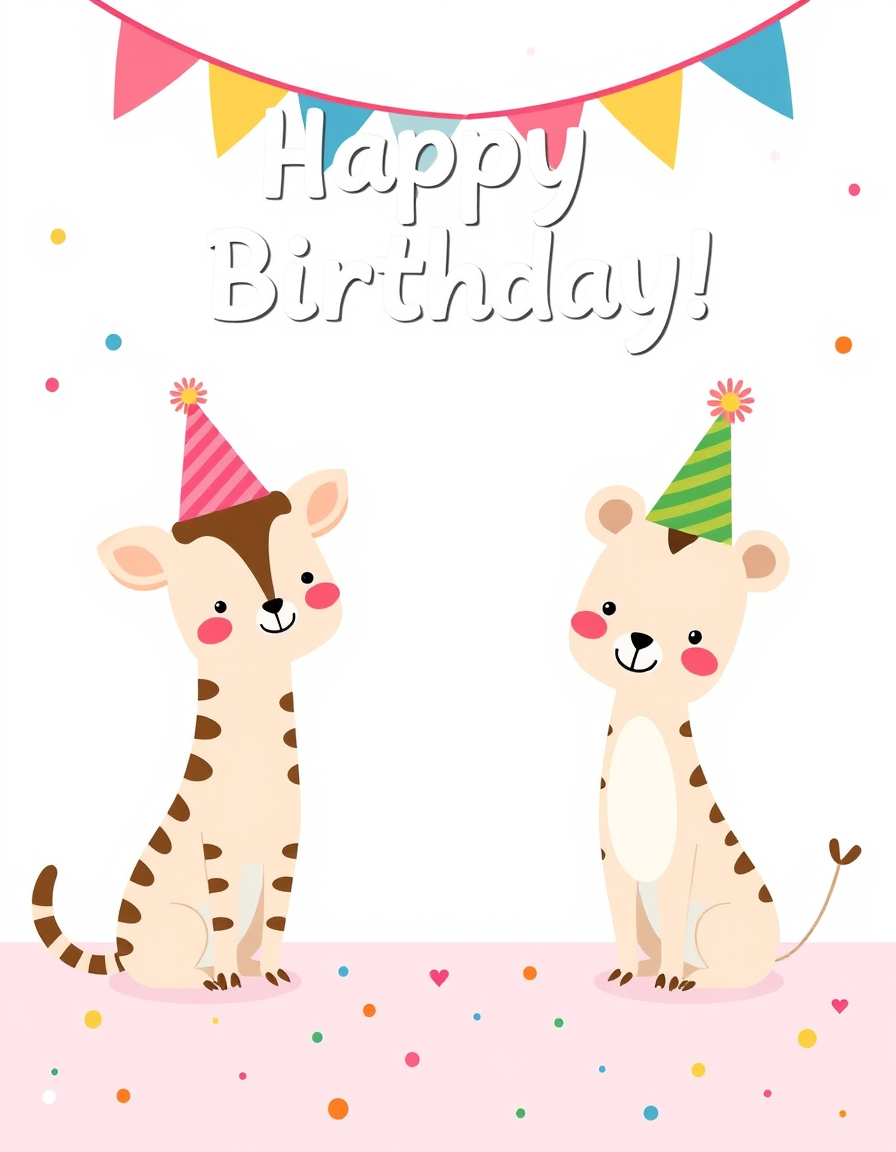 Birthday Cards idea: birthday card design, cheerful festive artwork, space for greeting, cartoon animals wearing party hats, pastel colors, playful and sweet , printable b