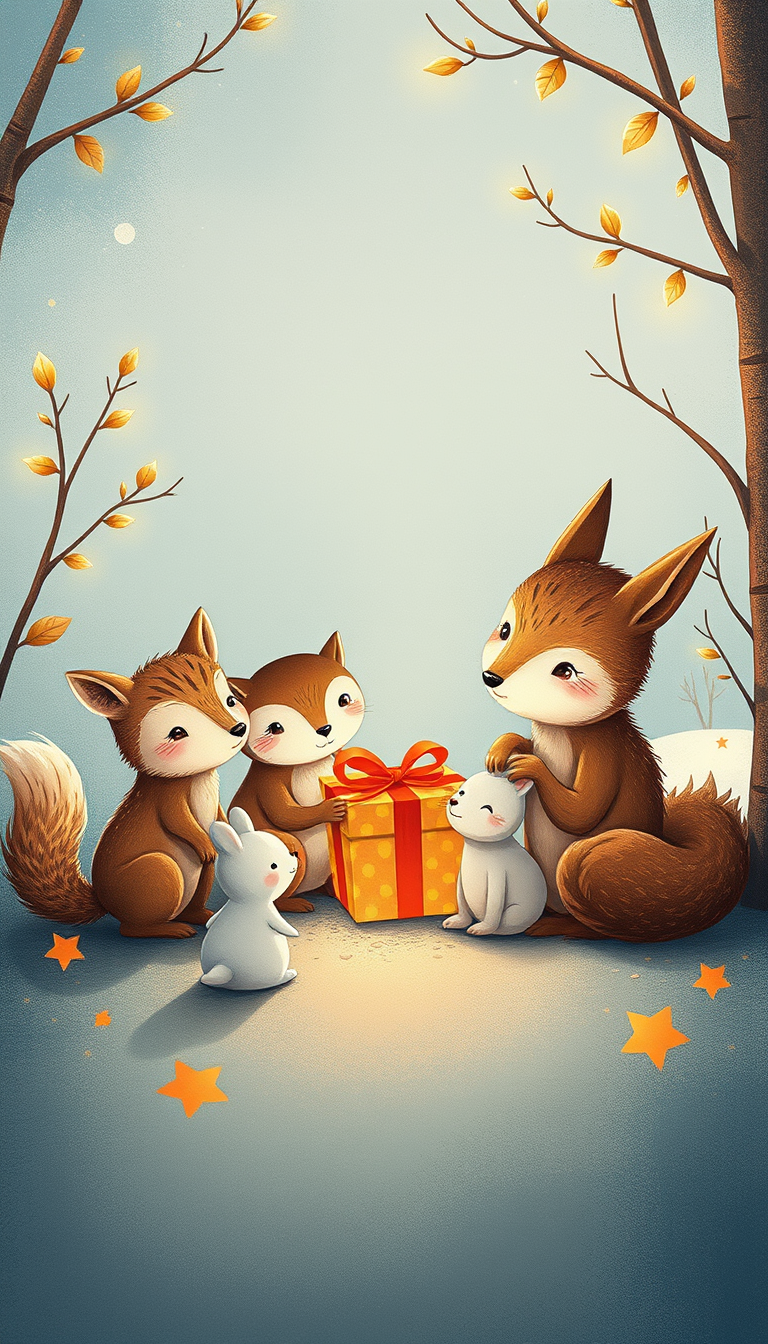 Greeting Card idea created from the prompt: greeting card design, warm illustration, space for message, whimsical woodland animals gathered around a small gift, storybook style , print