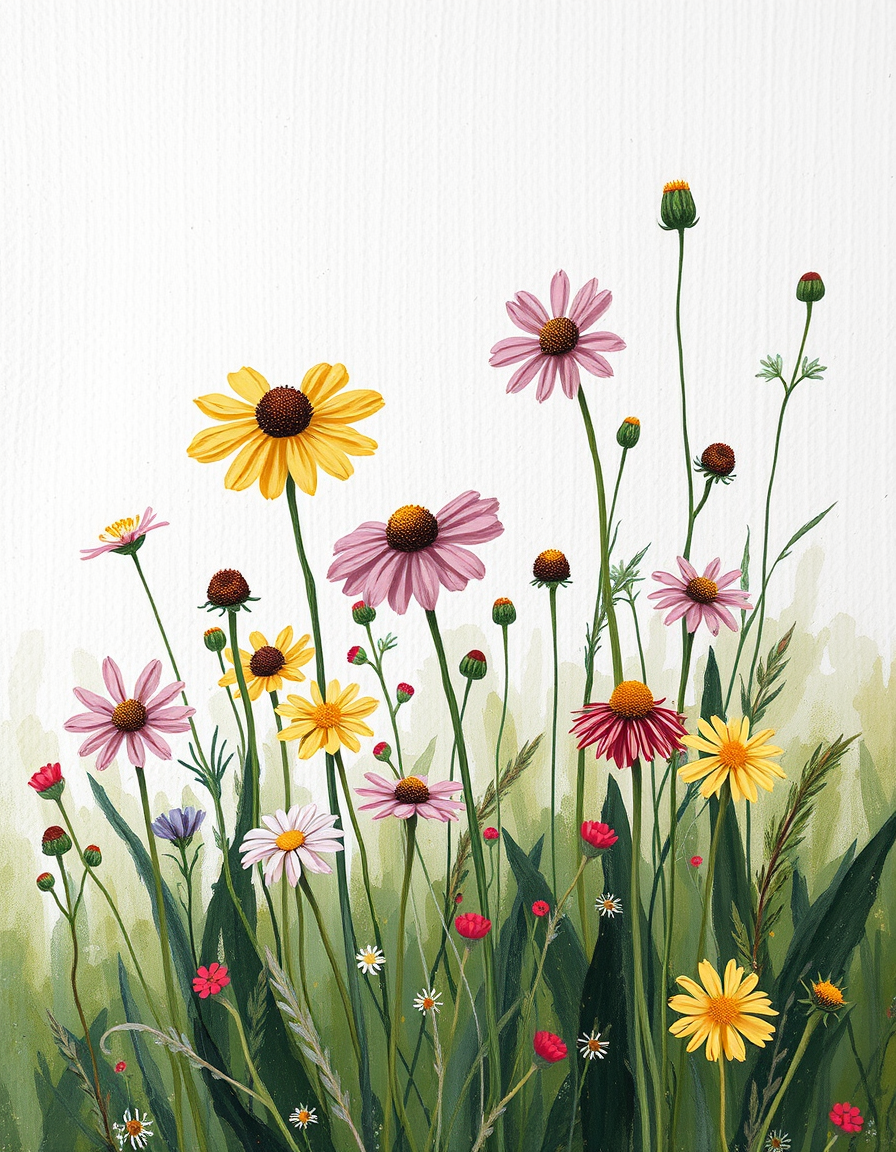 Main painting studio: A charming handmade painting of wildflowers in a small countryside garden, created with real-looking acrylic paints on textured canvas. Loose uneven b