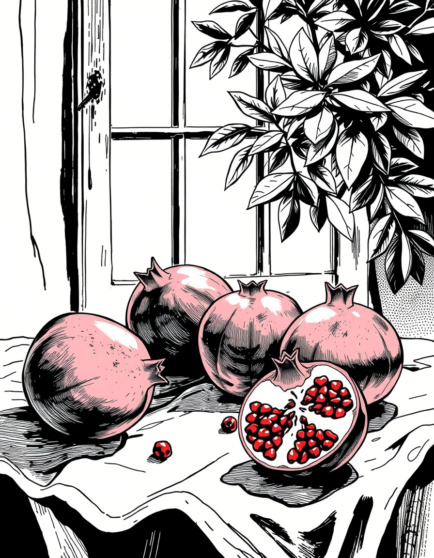 Comic Art idea: comic art, bold ink lines, halftone shading, dynamic composition, a still life of pomegranates on a linen cloth, soft window light manga , graphic nov