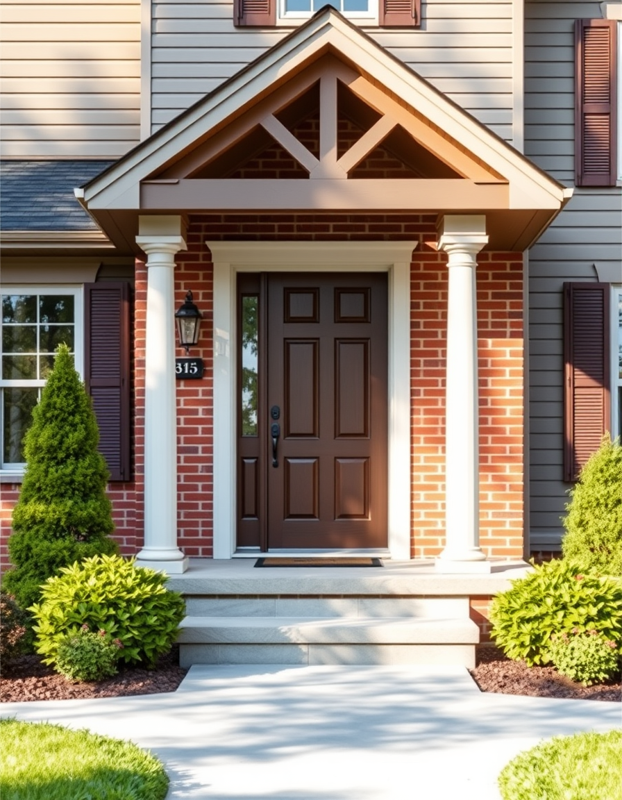 Exterior Paint idea: home exterior paint visualization, preserve architecture and landscaping, recolor siding trim and front door, brown brick , overhanging porch all the