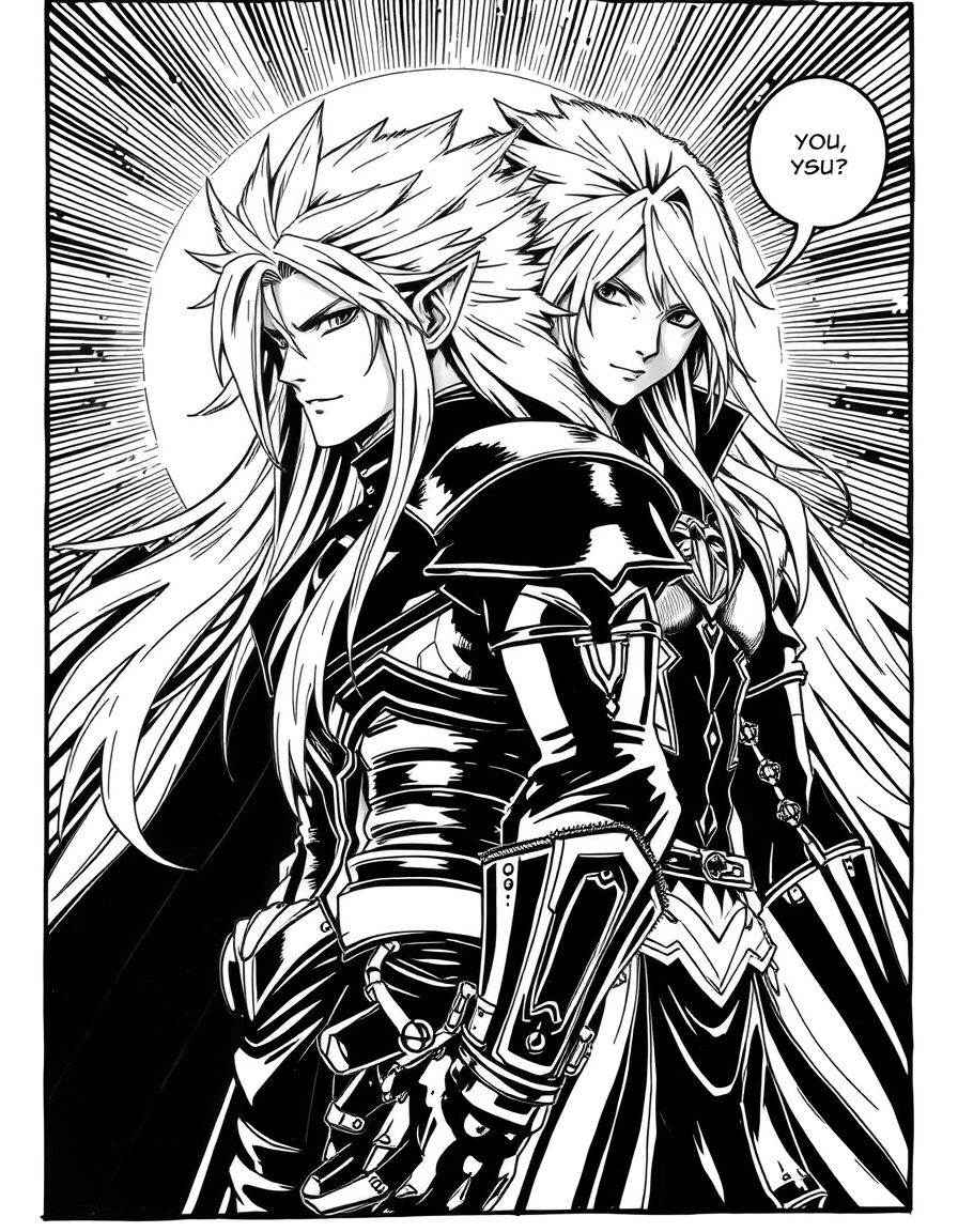 Comic Art idea created from the prompt: comic art, bold ink lines, halftone shading, dynamic composition, Mini comic de Sephiroth y Cloud son pareja, el primero es un Omega y el se