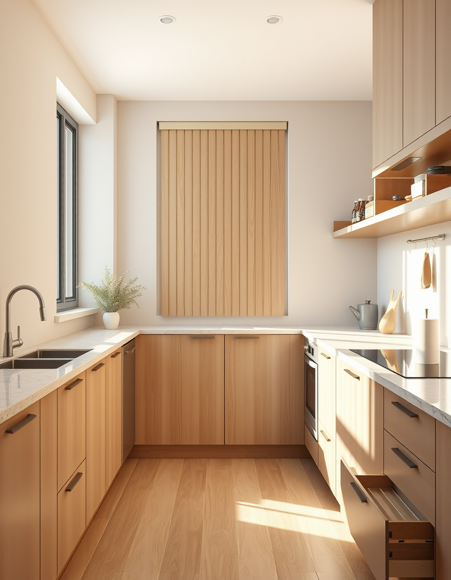 Interior Design idea: AI interior design, cohesive furniture layout decor and lighting, photorealistic interior render, Photorealistic modern Japandi galley kitchen, 2.6m w