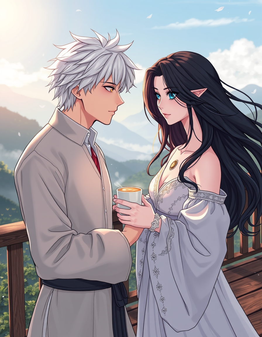 Main painting studio: Single cinematic manhwa panel. Peaceful morning in Ythgimla mountains. Raphael, a tall handsome young man with fair skin, stylish slightly messy WHITE