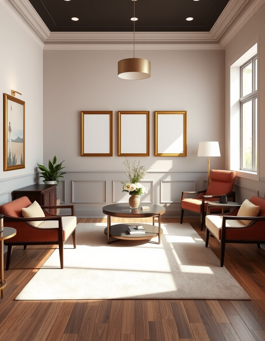 Virtual Staging idea: virtually staged empty room from the photo, tasteful furniture and decor added, photorealistic interior render, landscape orientation mock up picture
