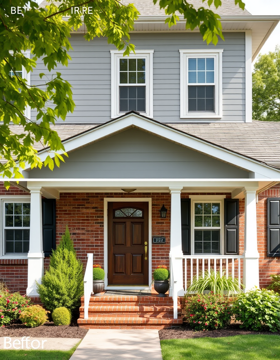 Exterior Paint idea: home exterior paint visualization, preserve architecture and landscaping, recolor siding trim and front door, One story brick ranch with wood trim and