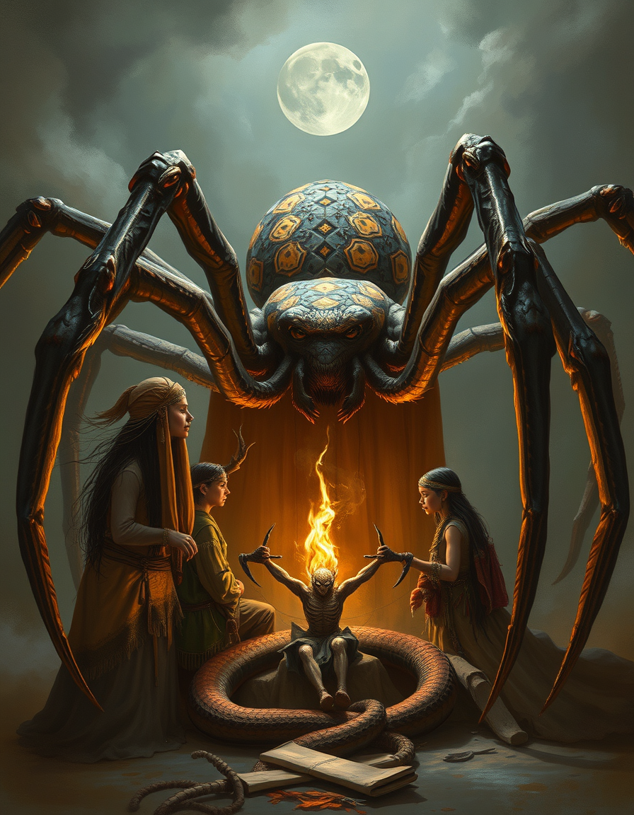 Book Covers idea: cover-ready concept art organized around genre, focal point, and title-safe space, deliberate composition, a spider God controls a native american fam