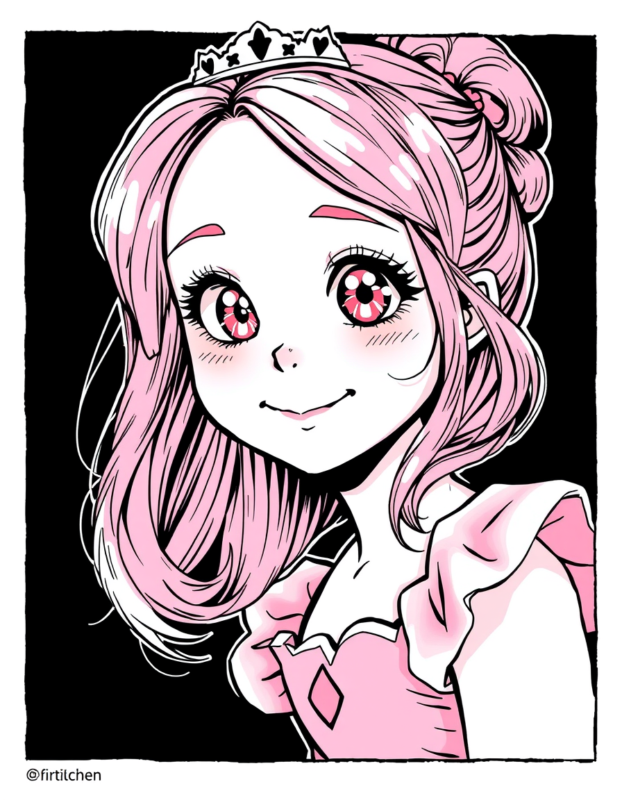 Comic Art idea: comic art, bold ink lines, halftone shading, dynamic composition, A beautiful girl with pink hair, red eyes, and a sweet, childlike smile on her face,