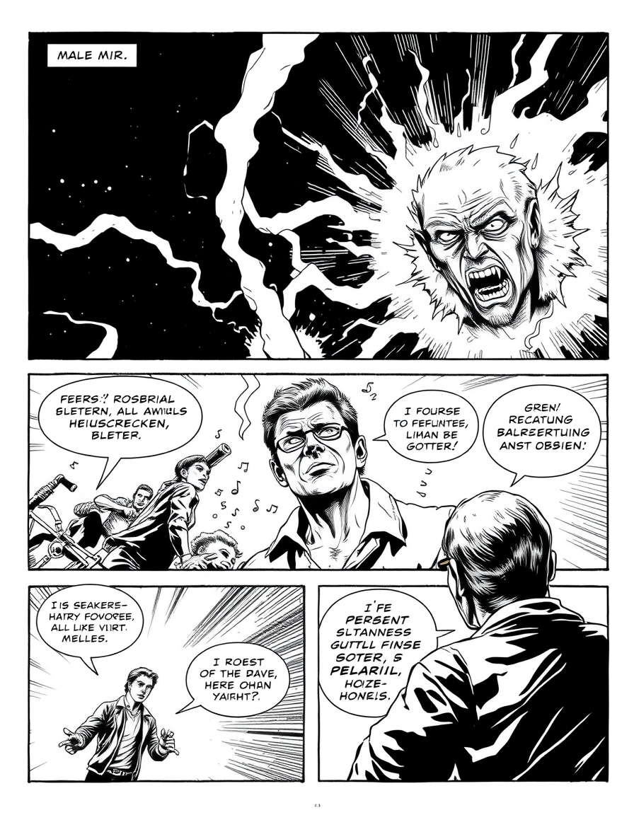 Comic Art idea: comic art, bold ink lines, halftone shading, dynamic composition, male mir einen comic über amos visionen heuschrecken, feuer, bleilot amos reaktion, 