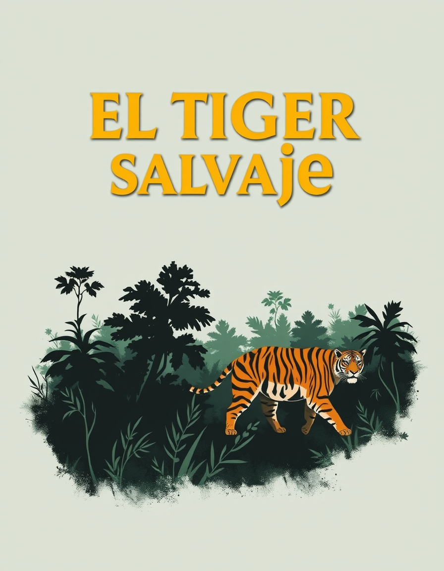Book Covers idea: book cover composition, vertical 2:3 format, title-ready negative space at top, evocative subject, un tigre camina por la selva titulo: el tigre salva