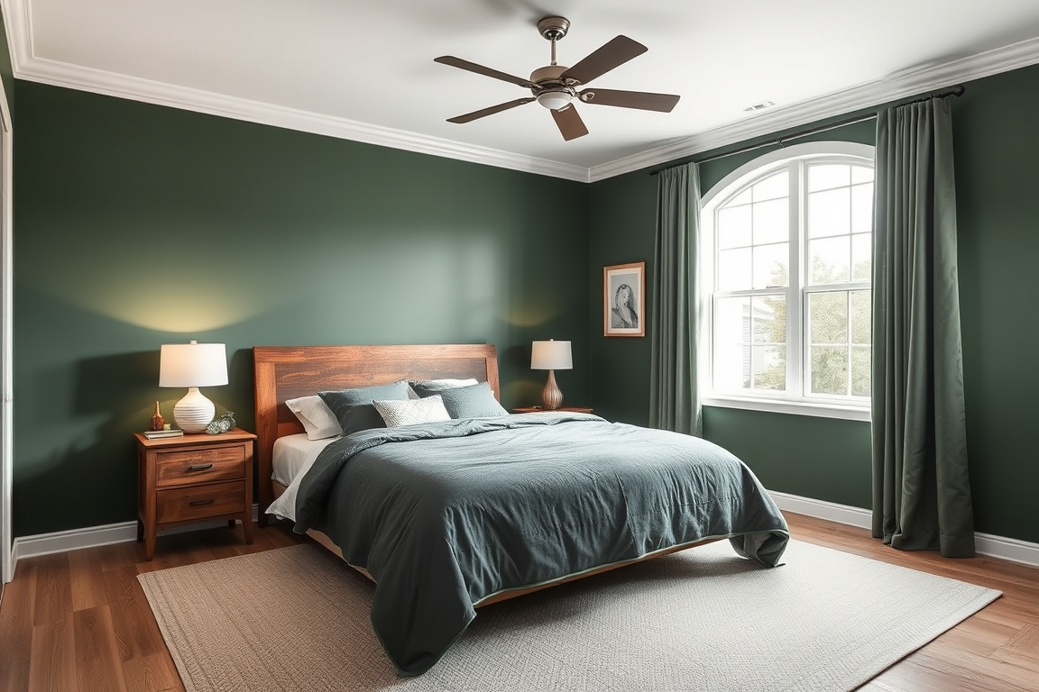Paint Color idea: room repainted in a new wall color from the photo, accurate paint finish, photorealistic interior render, Dark green walls with white ceiling. Bed wit