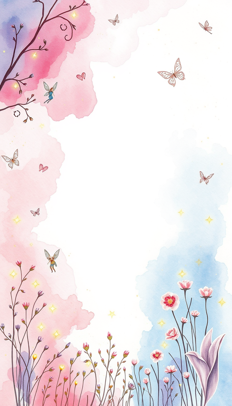 Watercolor idea: watercolor painting, soft transparent washes, wet-on-wet bleeds, paper texture visible, Enchanted fairy garden watercolor border, tiny winged fairies,