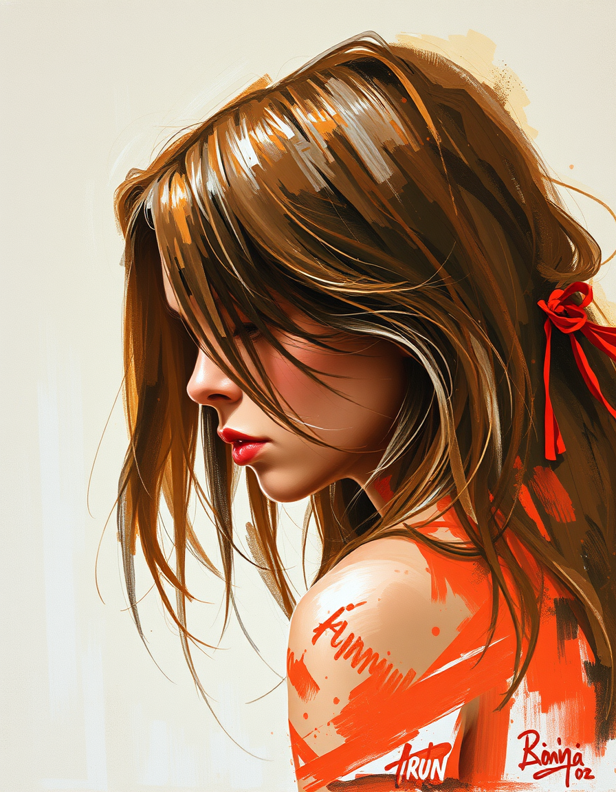 Turn Photo Into Paintings idea: painting from the photo, expressive brushwork, painterly rendering, volto di una ragazzina triste e pensierosa, capelli lunghi biondi, di profilo , fr