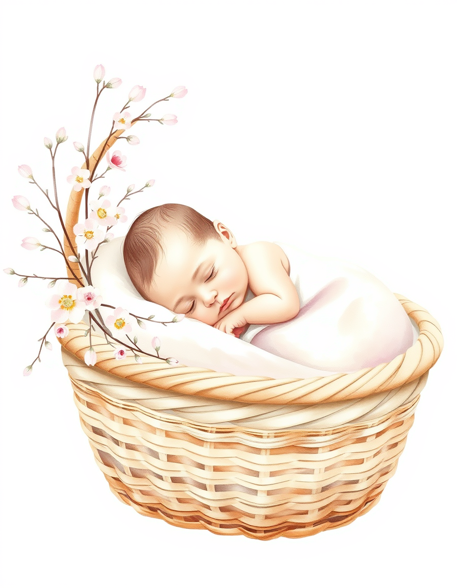 Main painting studio: A delicate watercolor illustration of a newborn baby girl sleeping peacefully inside a light brown woven Moses basket. Soft, subtle flowers and delica