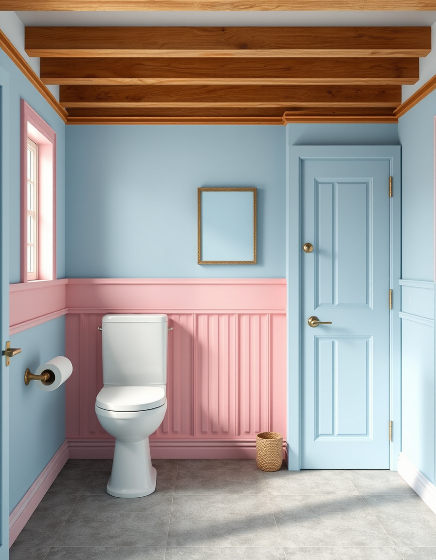 Paint Color idea: room repainted in a new wall color from the photo, accurate paint finish, photorealistic interior render, toilet 2 panel painted with baby blue, 2 pan