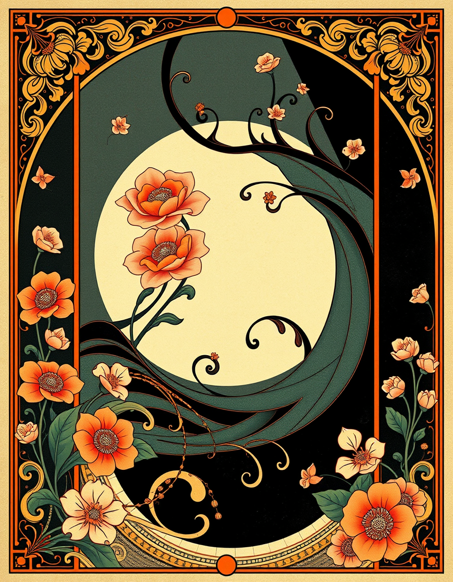 Art Nouveau idea: art nouveau illustration, flowing organic lines, decorative panel borders, ornamental floral motifs, japanese art abstract , inspired by Alphonse Much