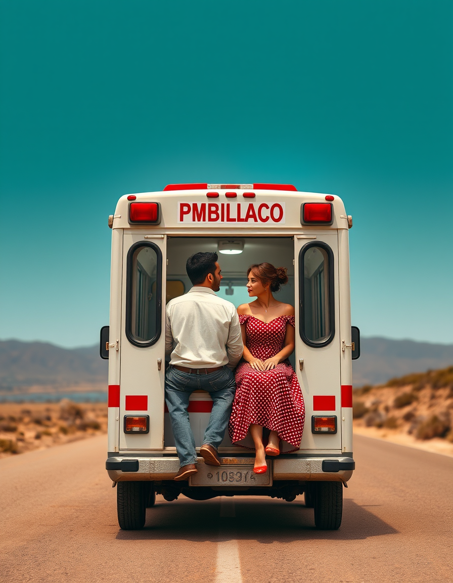 Book Covers idea: book cover composition, vertical 2:3 format, title-ready negative space at top, evocative subject, Una pareja se besa en una ambulancia sentados sobre