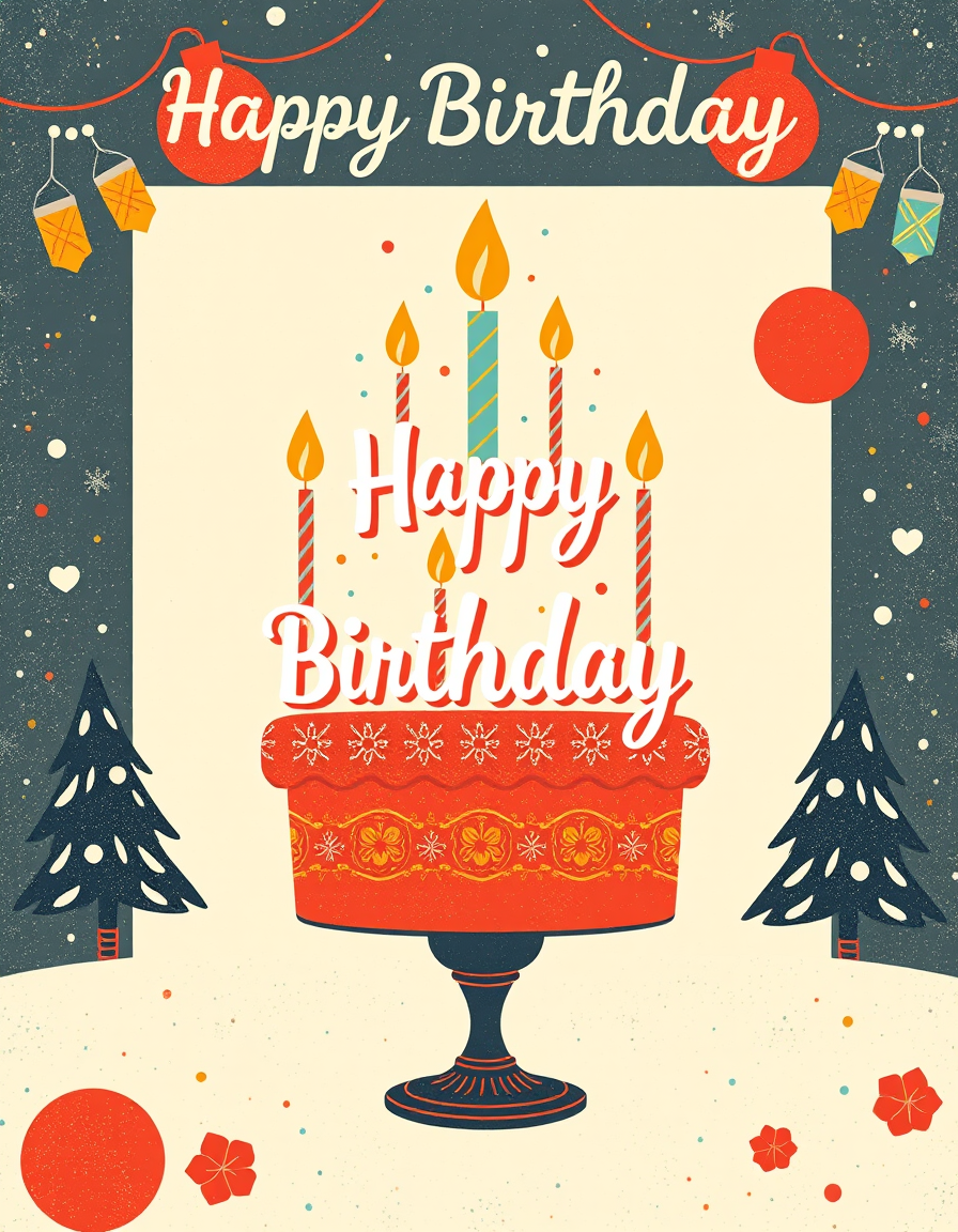 Birthday Cards idea: birthday card design, cheerful festive artwork, space for greeting, vintage Retro-Geburtstagstorte mit Kerzen, warme Erdtöne , printable birthday card