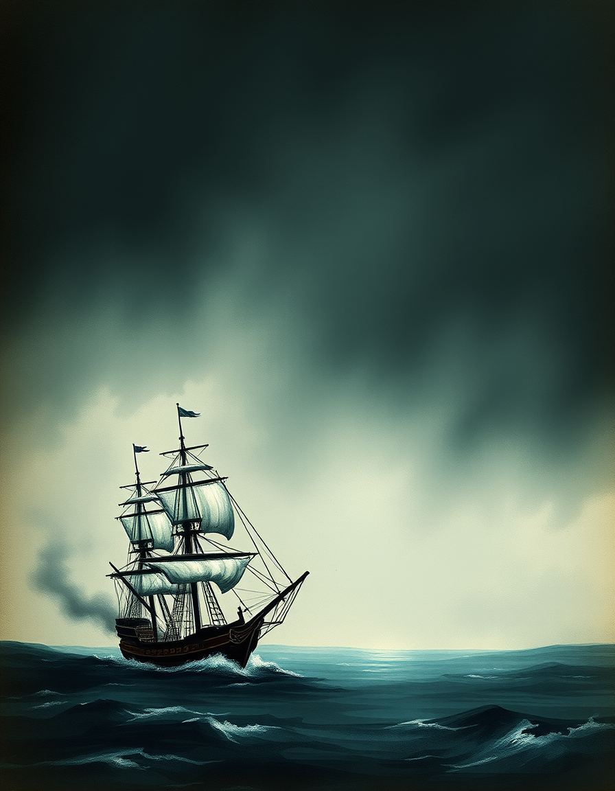 Book Covers idea: book cover composition, vertical 2:3 format, title-ready negative space at top, evocative subject, moody book cover with sketchy clipper ship bottom l