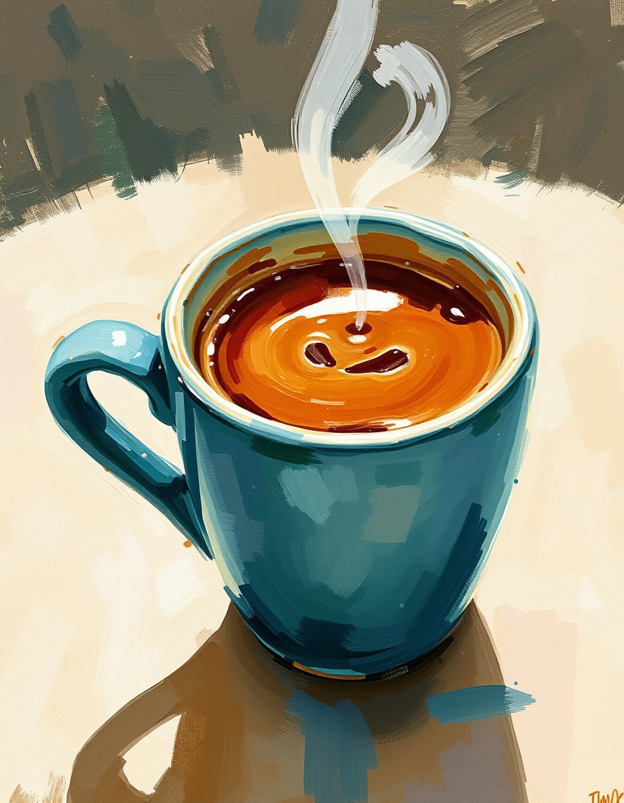 Main painting studio: impressionist turkish coffee,, loose visible brushstrokes.