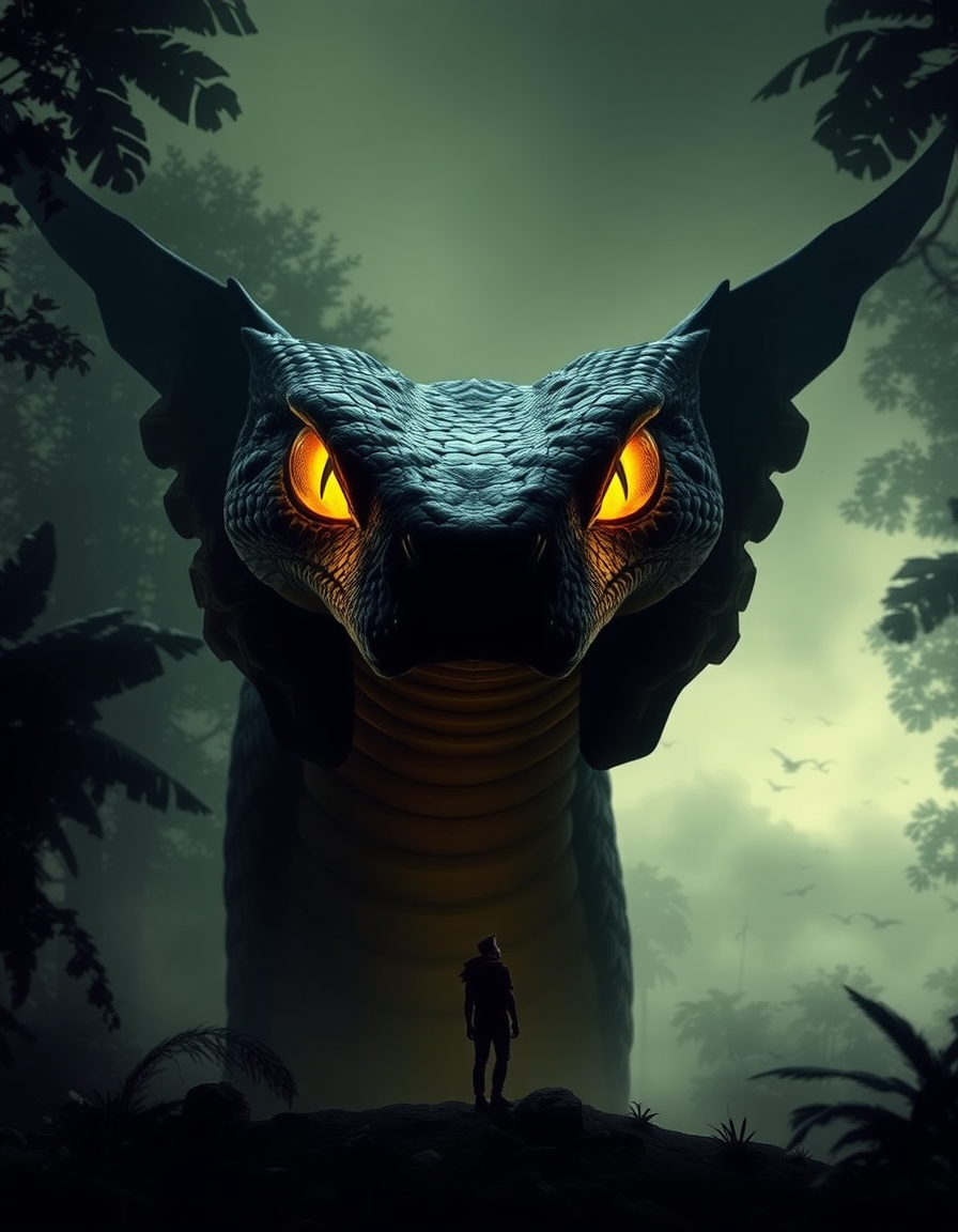 Book Covers idea: book cover composition, vertical 2:3 format, title-ready negative space at top, evocative subject, A giant snake with two feathered wings and glowing 